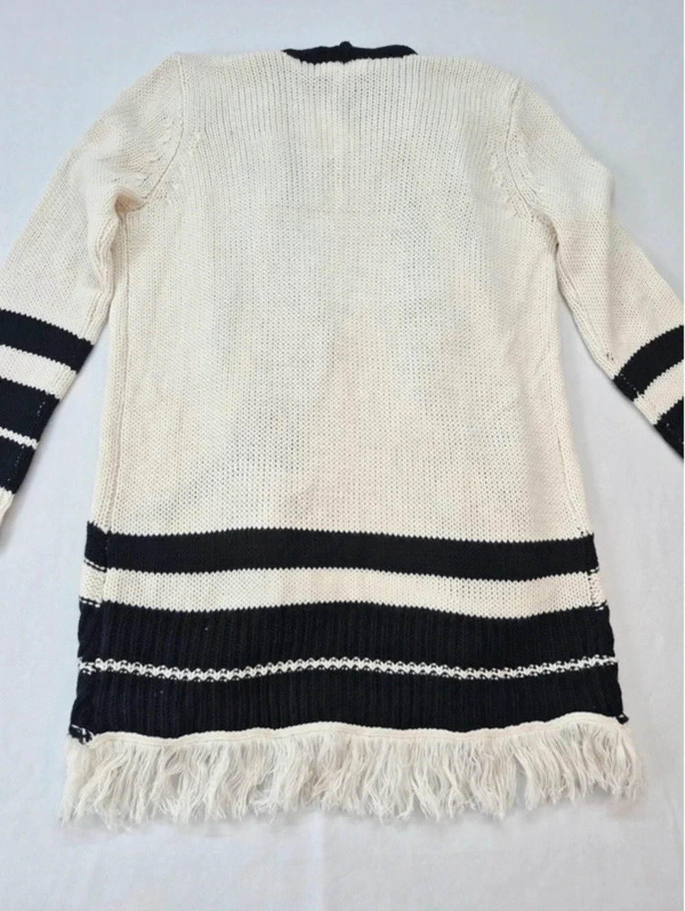 BB Dakota Oversize Ivory Black Stripe Knit Open Front Fringe Cardigan Women's XS